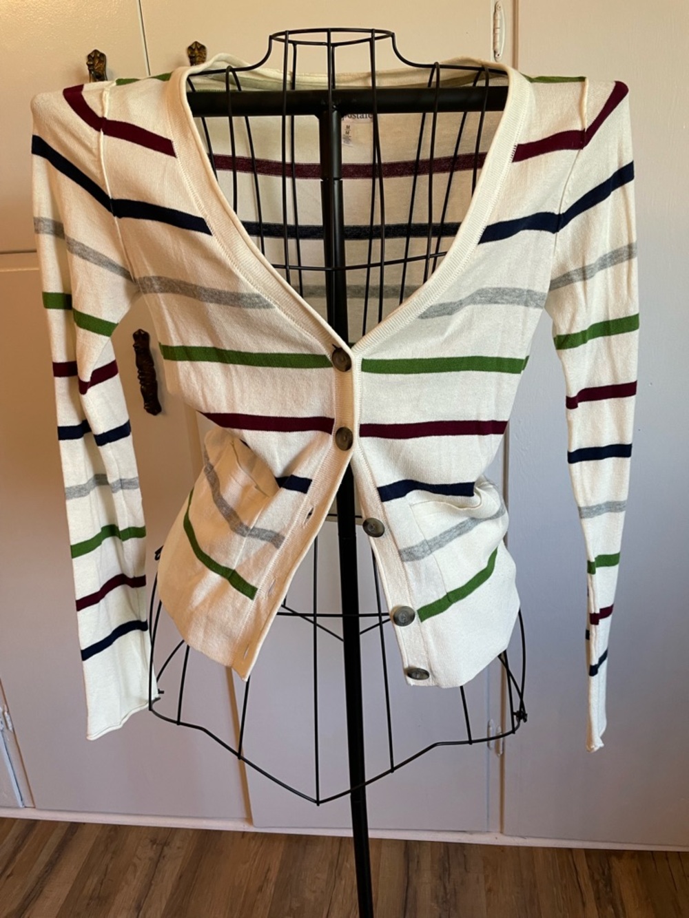 Aeropostale Cream Striped Button-Up Cardigan with Green, Navy & Burgundy